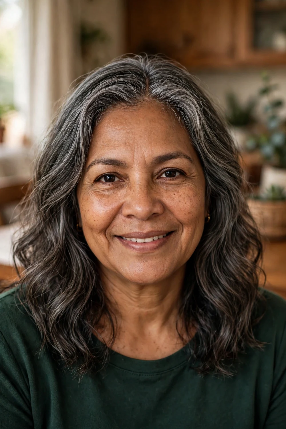Latina woman in her late 50s with loose shoulder-length waves in salt-and-pepper hair