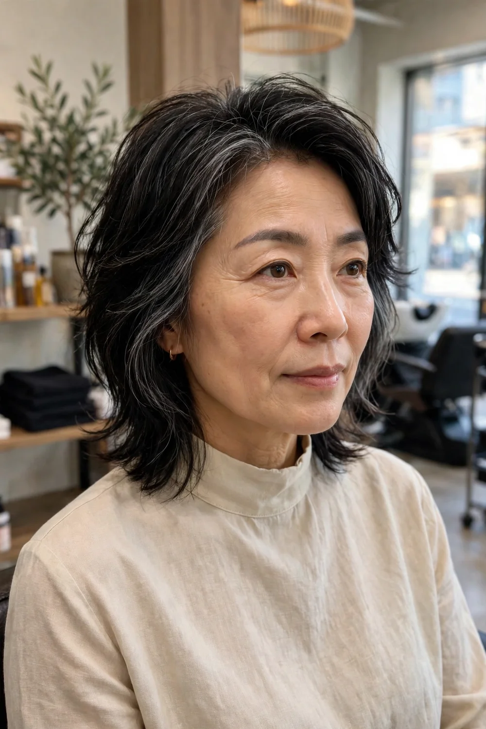 Shoulder-length wolf cut hairstyle with textured layers and soft volume