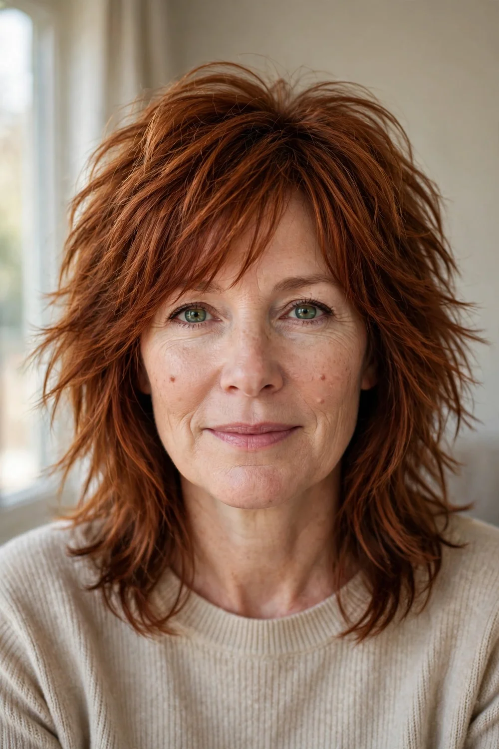 Shoulder-length wolf shag blending shag layers with wolf shape on auburn hair