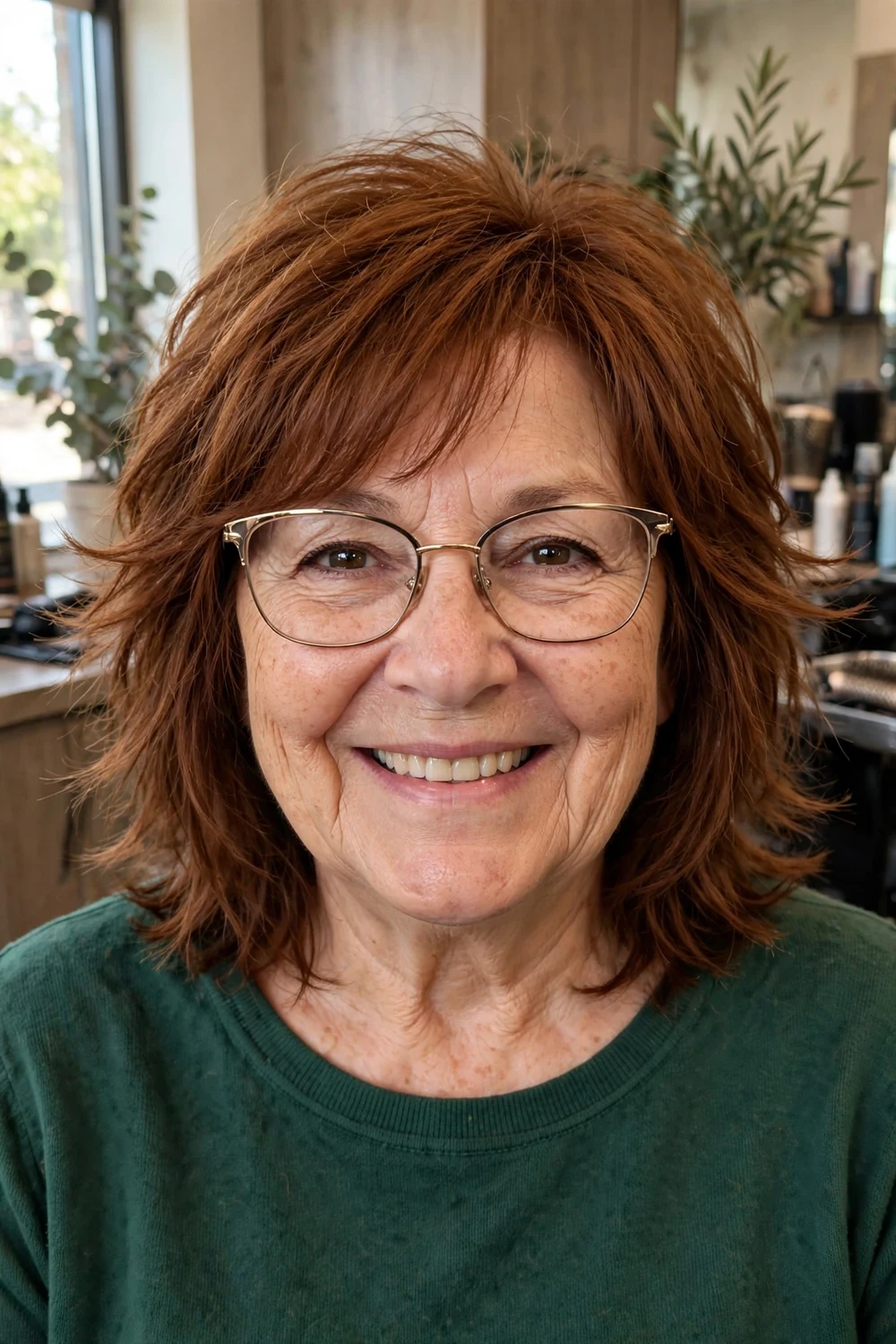 Shoulder length shag on a woman over 60 wearing glasses