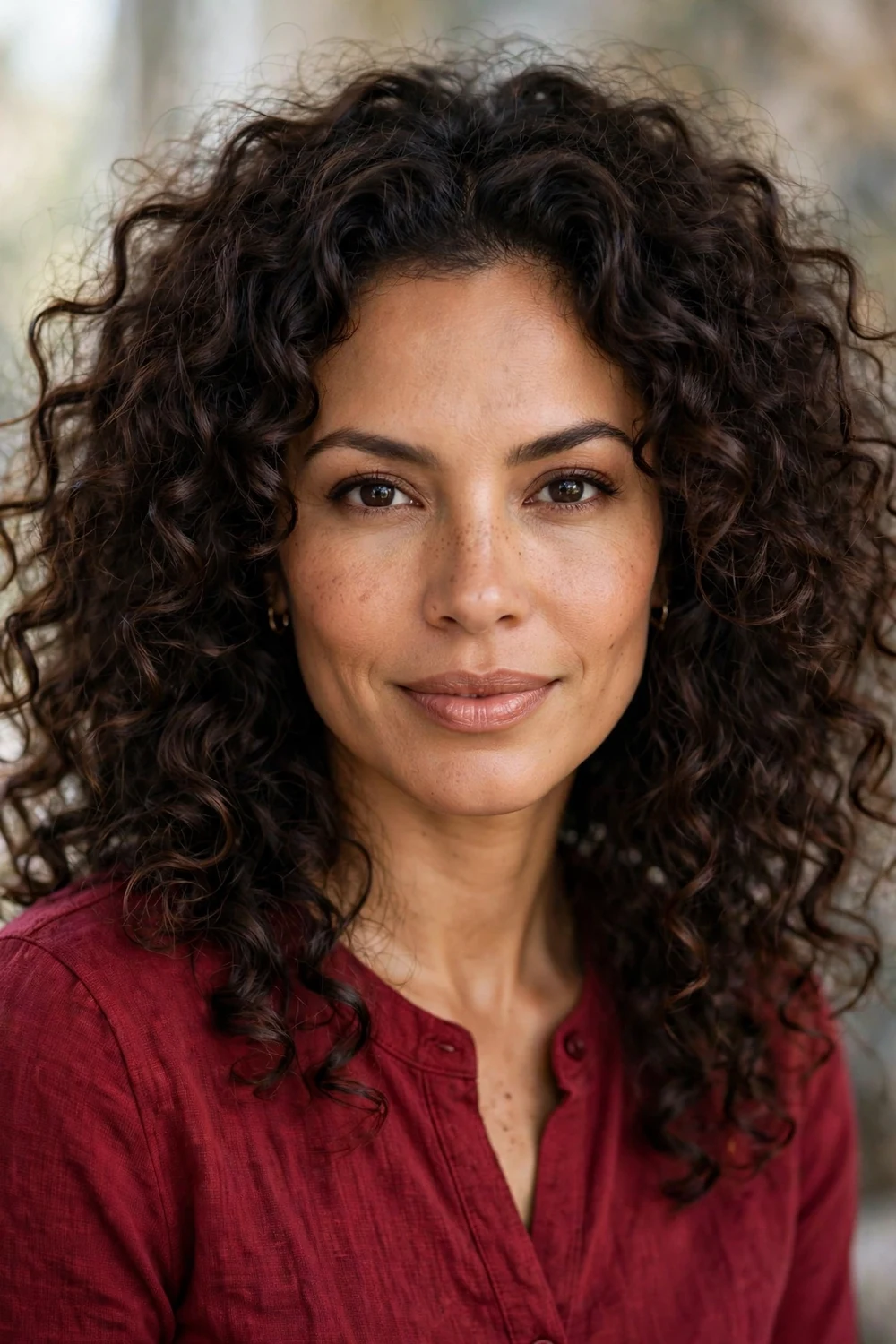 Woman with an oval face wearing voluminous shoulder-skimming halo curls