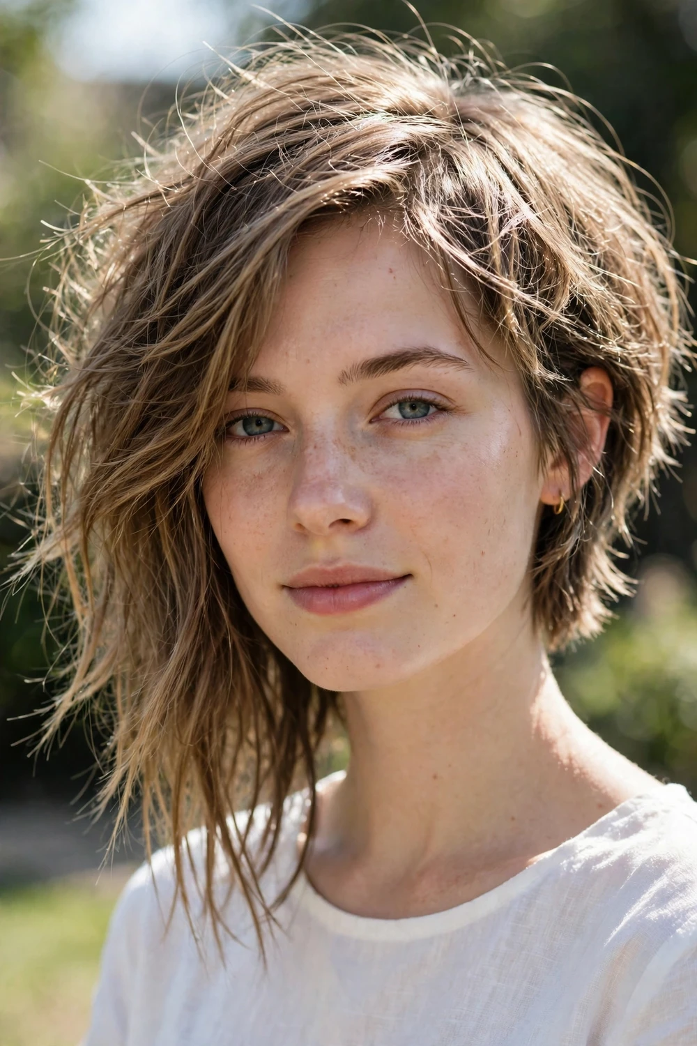 Woman with an asymmetrical textured bob for fine hair