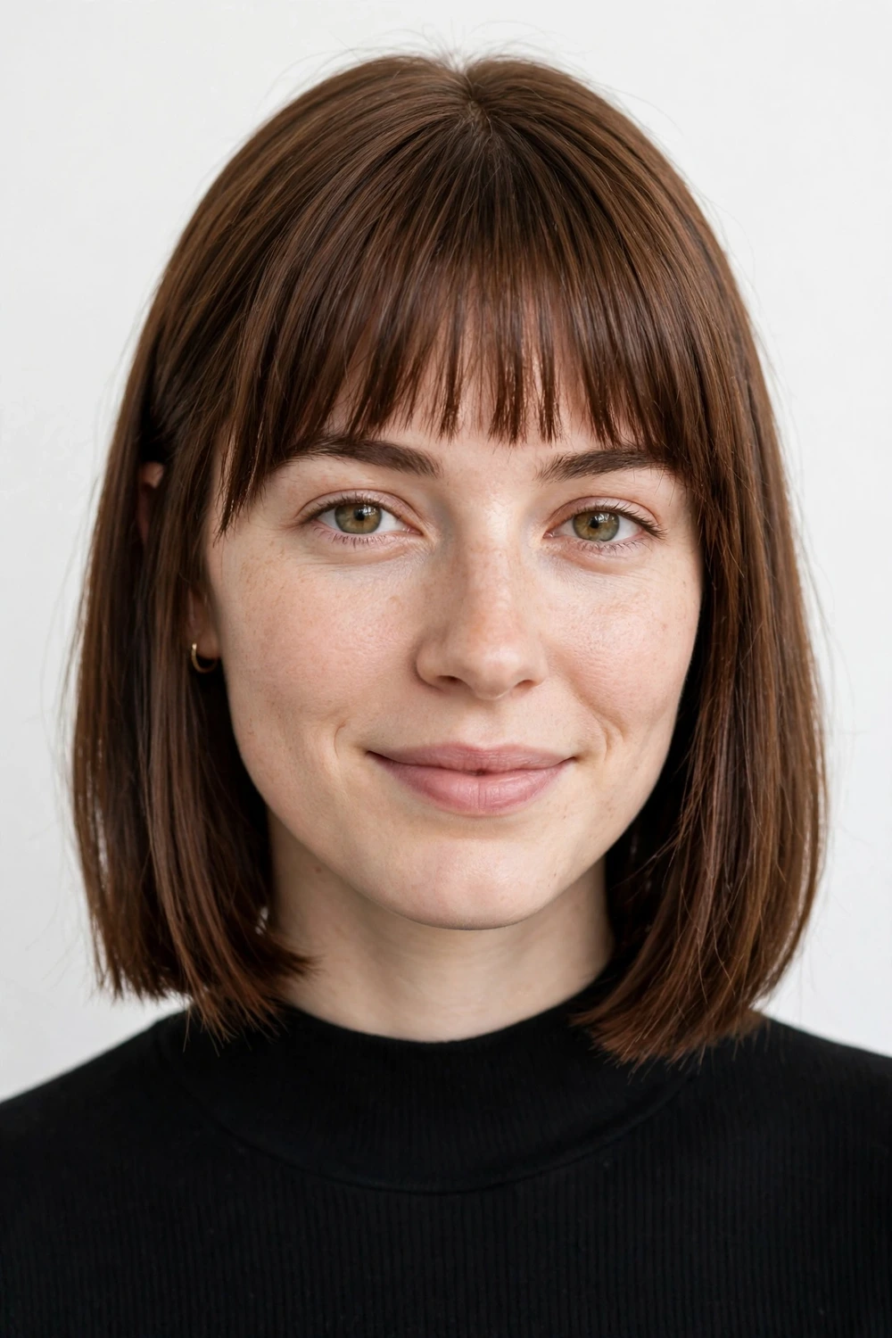 Woman with a blunt bob and straight bangs for fine hair