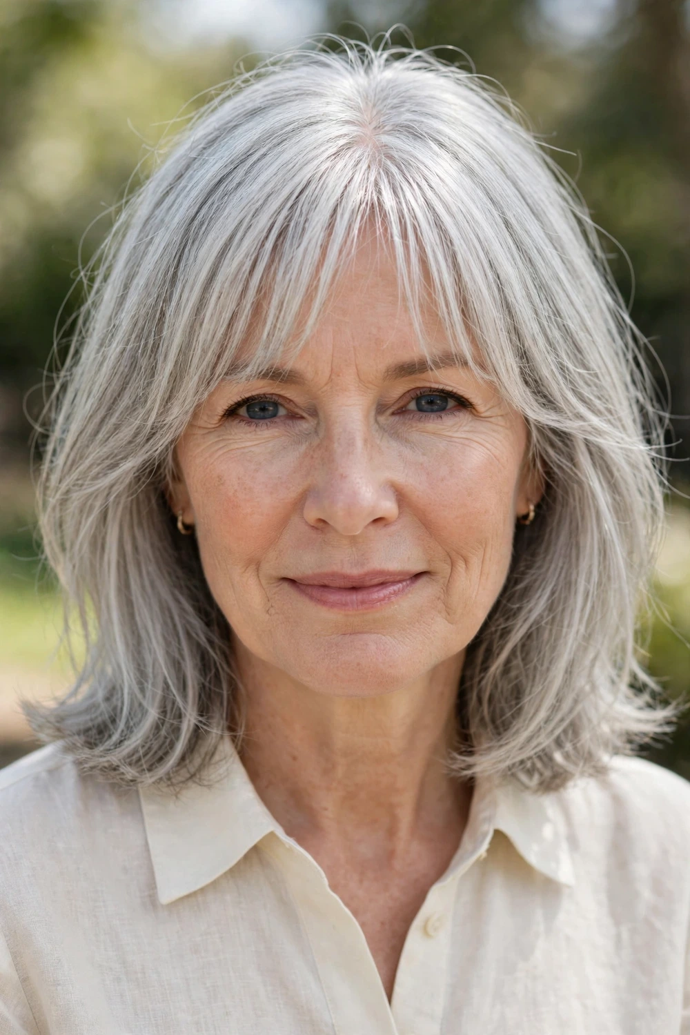 Woman with curtain bangs and a shoulder-length cut for fine hair