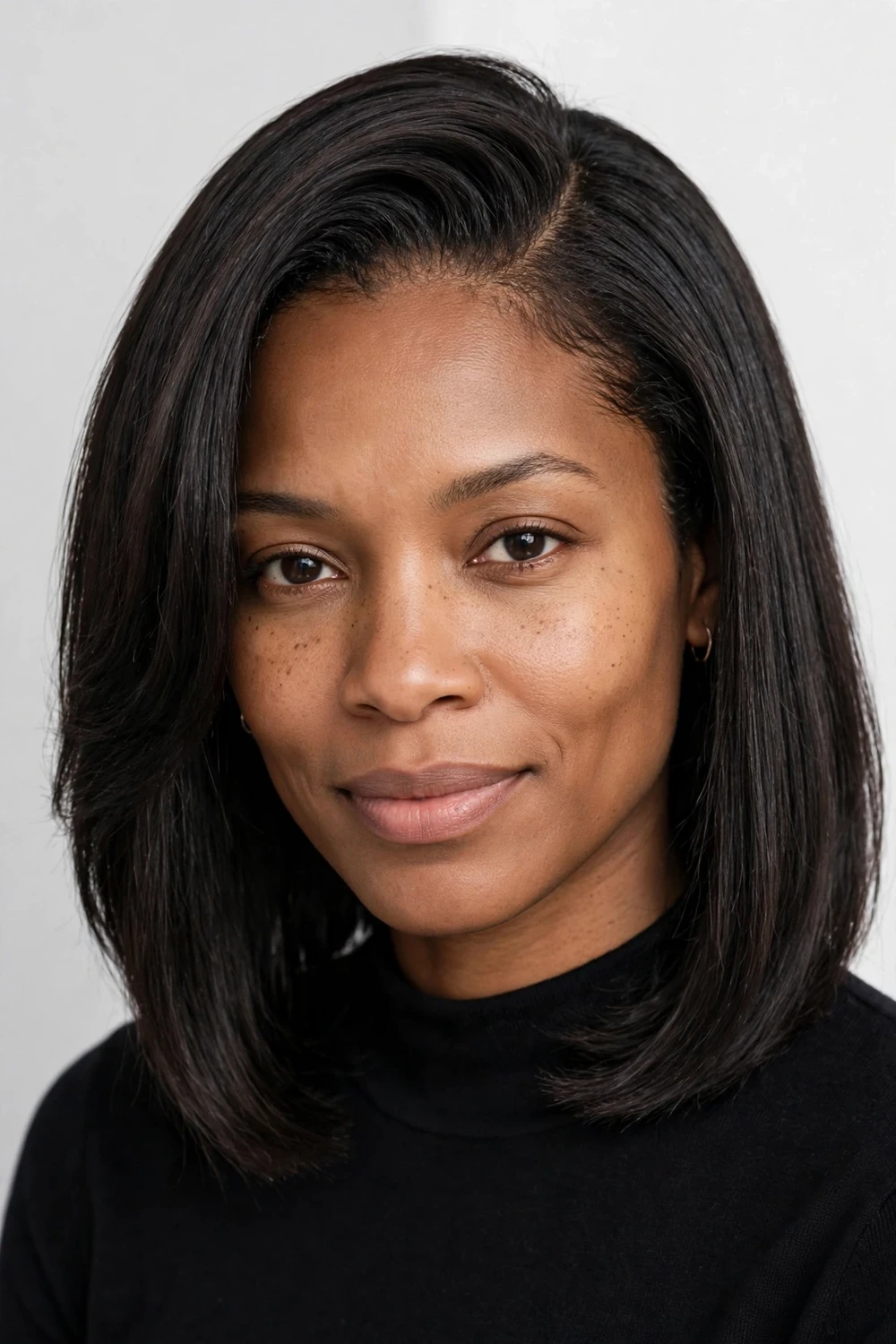 Woman with a deep side part in shoulder-length fine hair