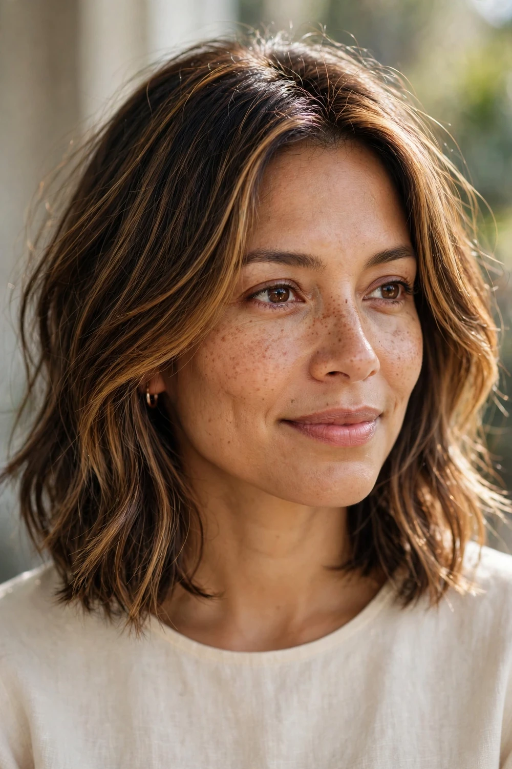 Woman with a shoulder-length lob and face-framing highlights for thin hair