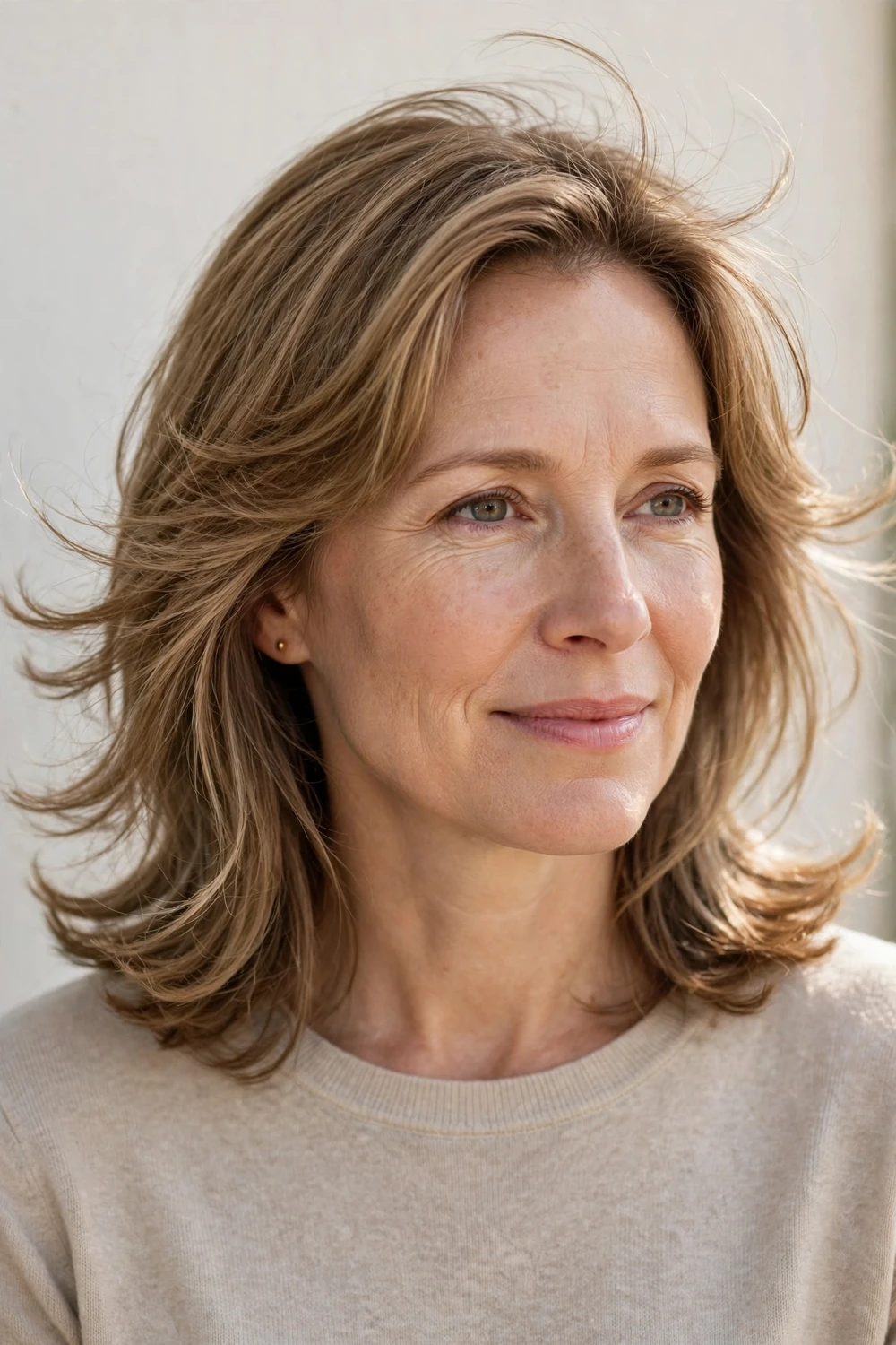 Woman with a feathered shoulder-length cut for fine hair