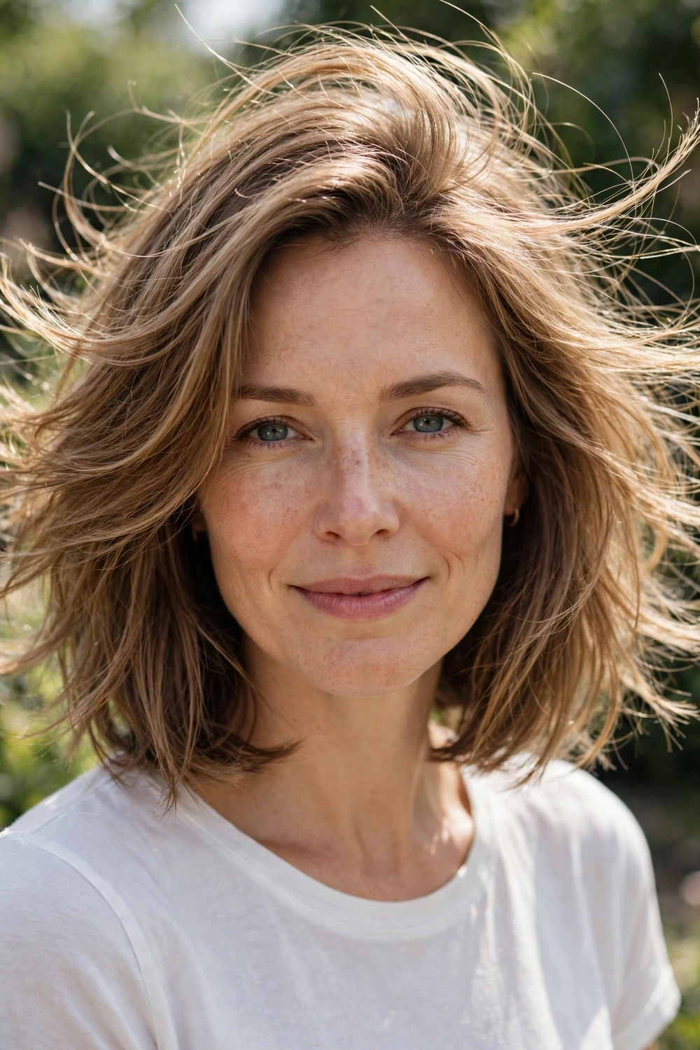 Woman with a layered shoulder-length bob for fine thin hair