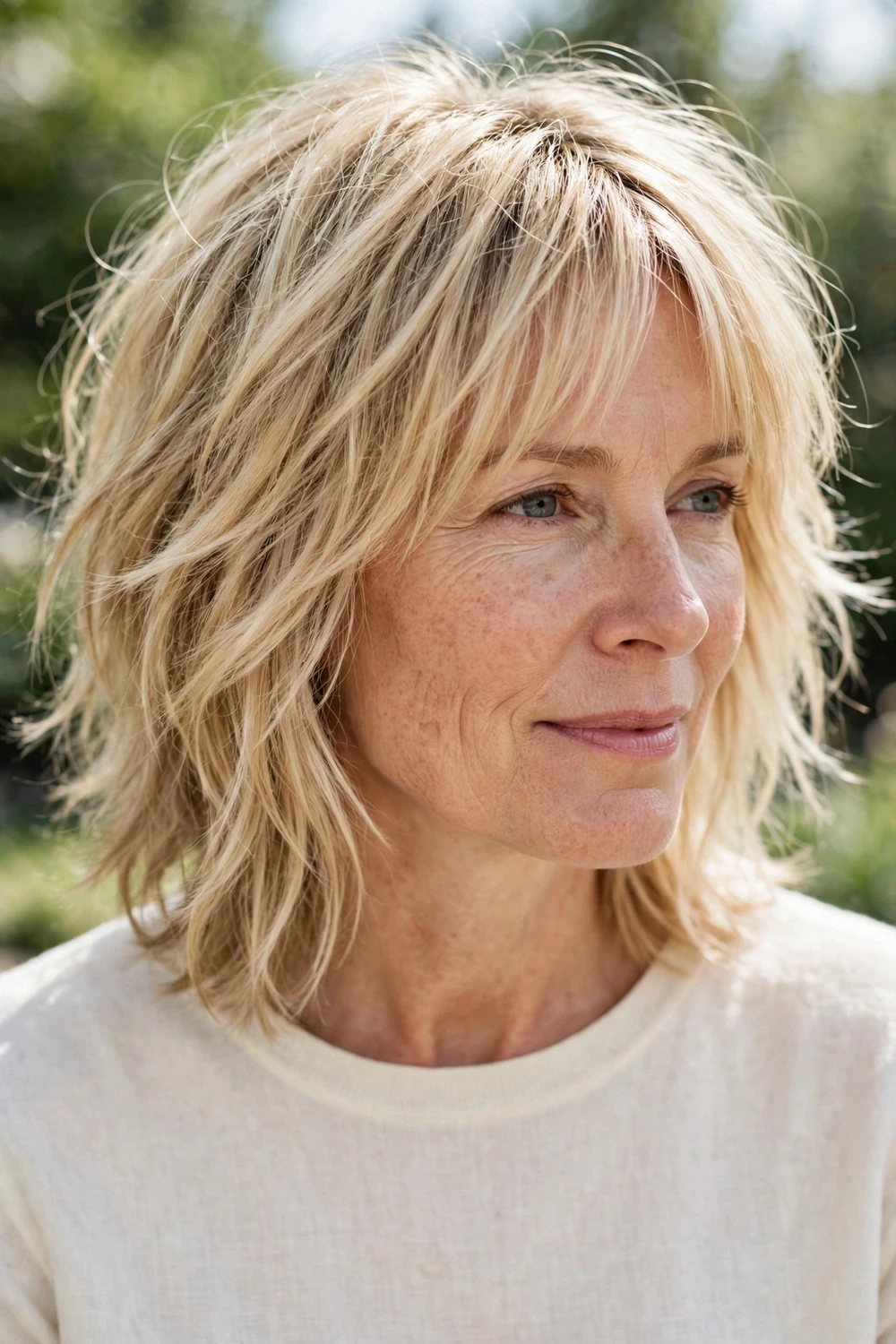 Woman with a shoulder-length shag haircut for fine hair