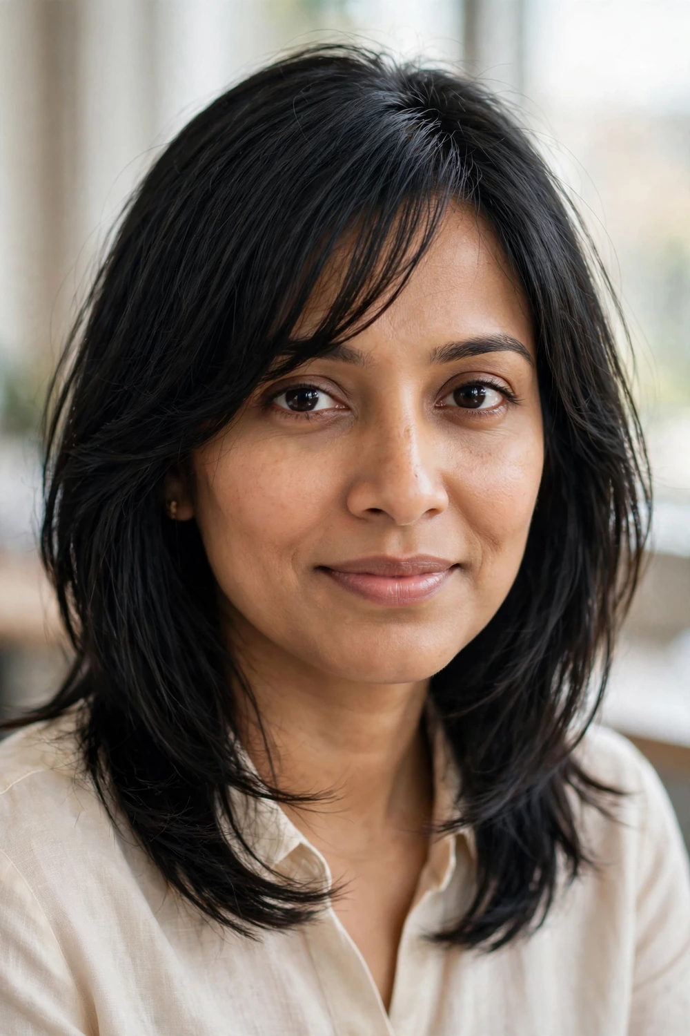 Woman with shoulder-length layers and side-swept bangs for thin hair