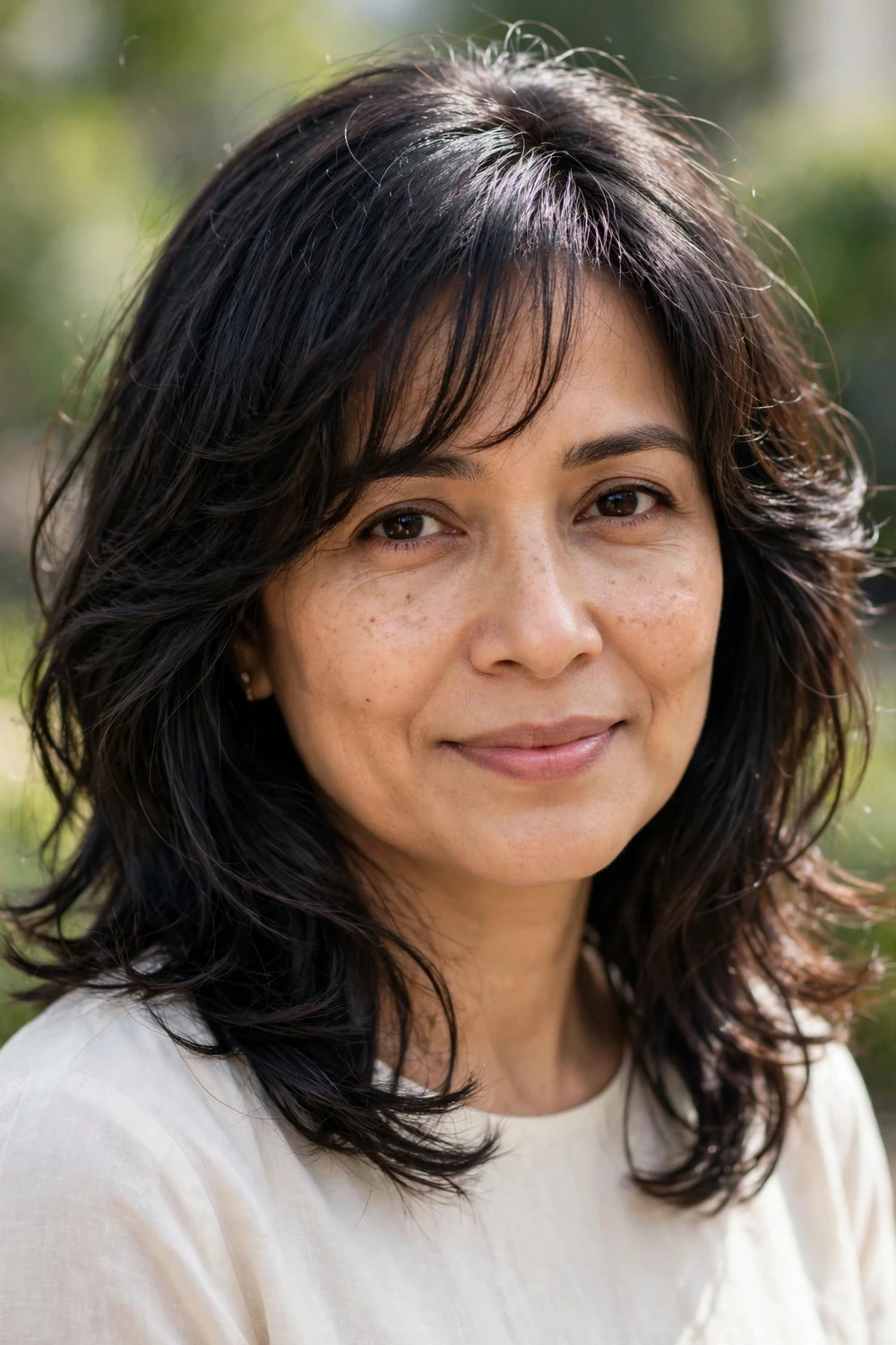 Woman with soft wavy bangs and shoulder-length hair for thin hair