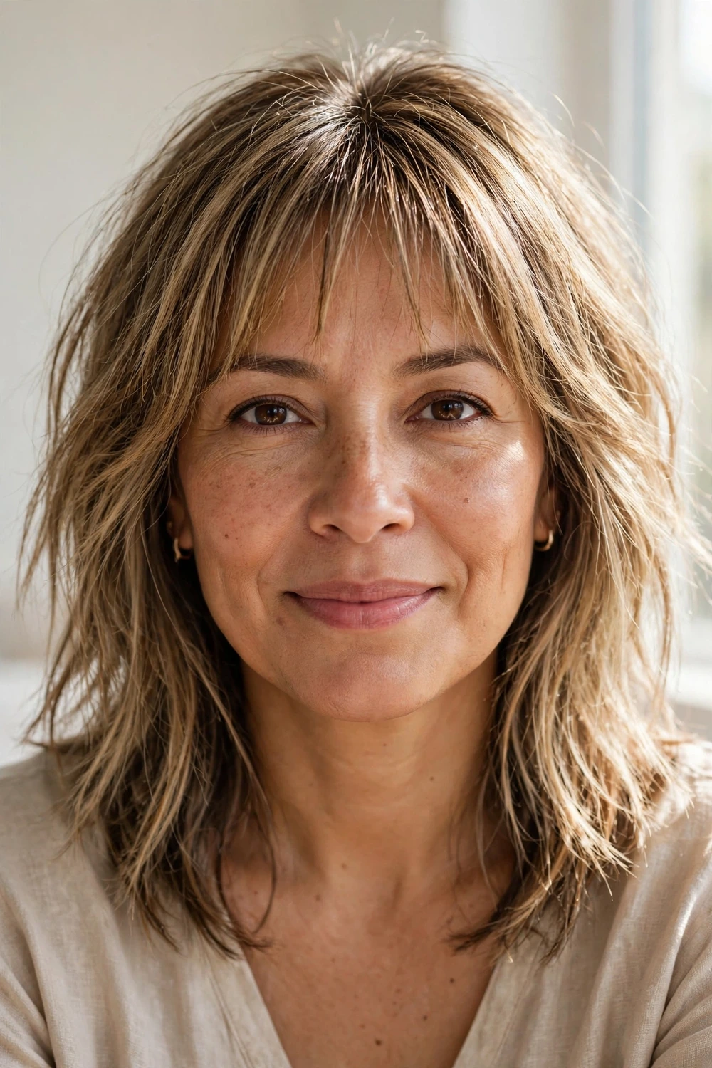 Woman with a textured lob and wispy bangs for thin fine hair