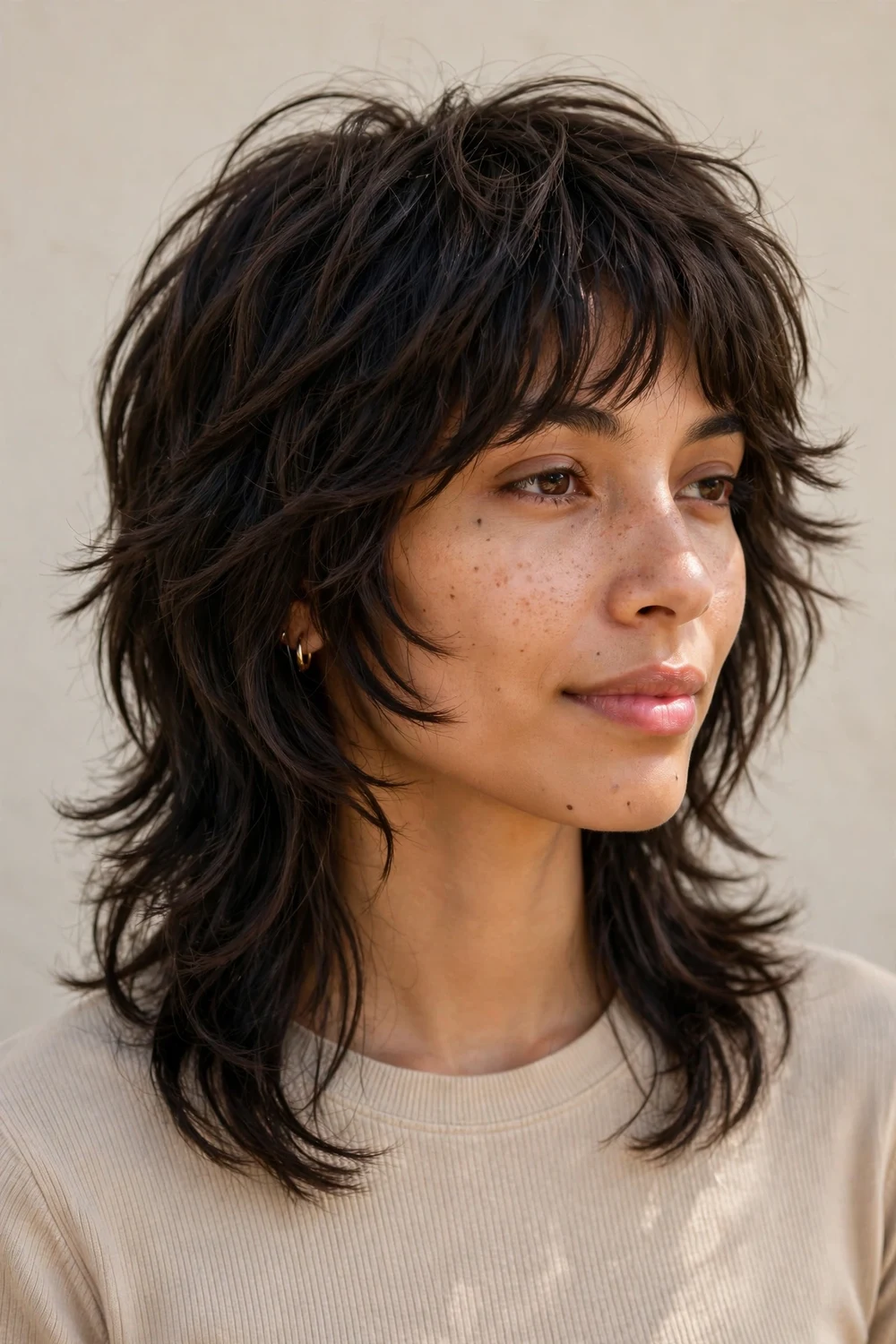 Woman in her mid twenties with an oblong face and a medium-length shullet haircut with wispy face-framing layers