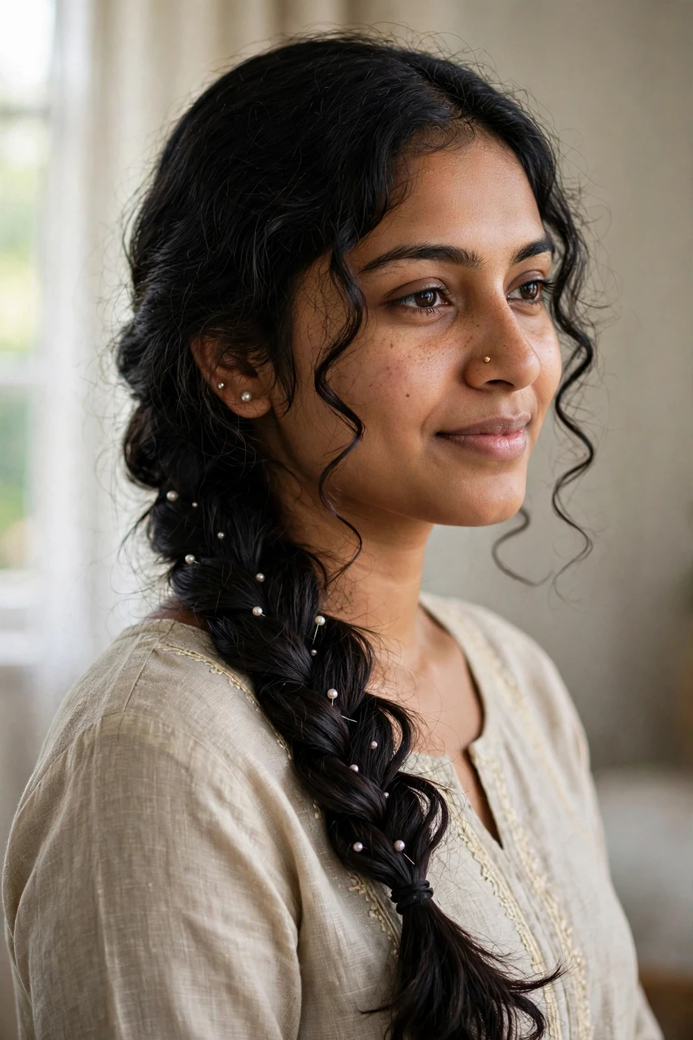 Single side braid with pearl pins church hairstyle