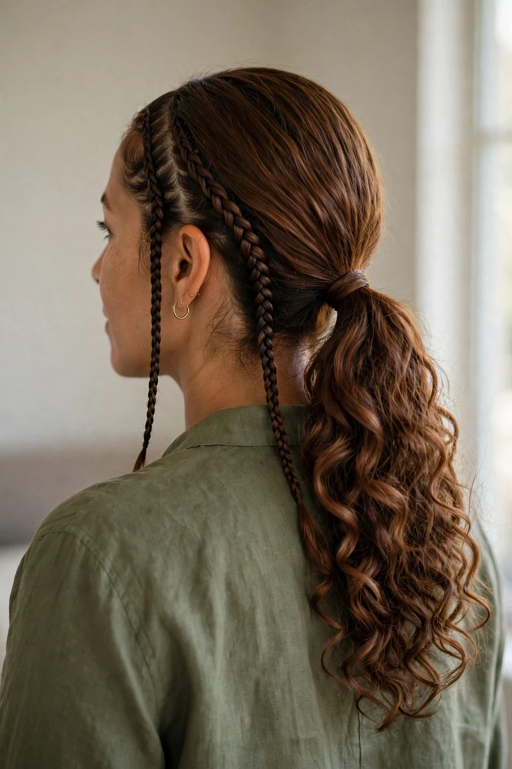 Low ponytail with two slim side braids feeding into it and cascading curls