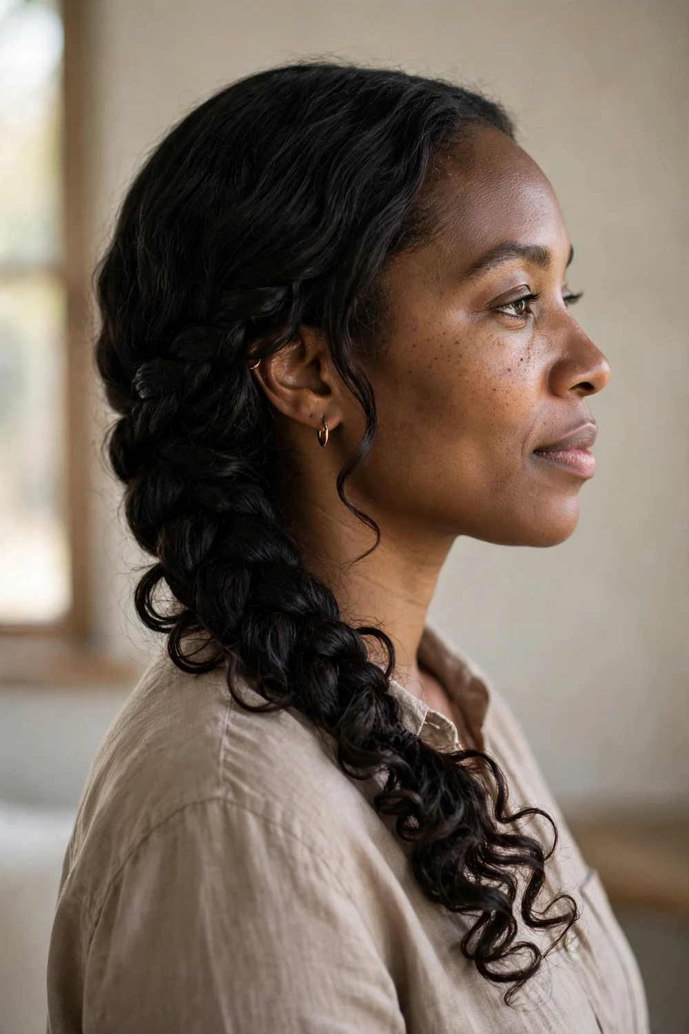 Woman with side braid and curly ends for Christmas long hair