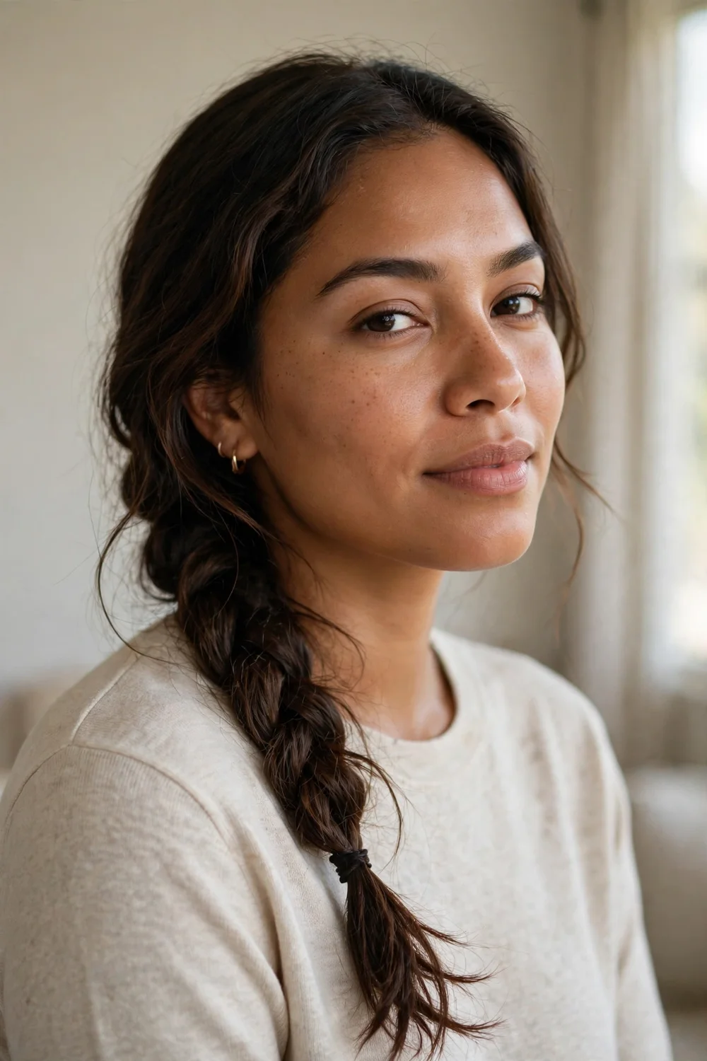 Woman with dark brown medium-length hair in a loose side braid