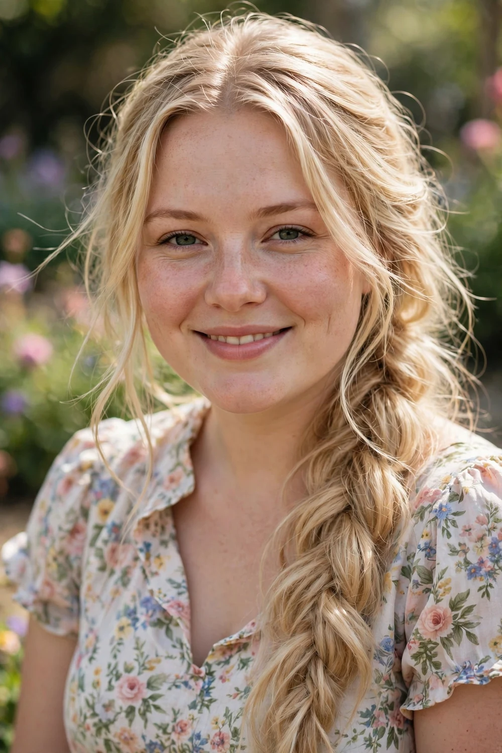 Woman with a round face and very long blonde hair in a loose side fishtail braid over one shoulder