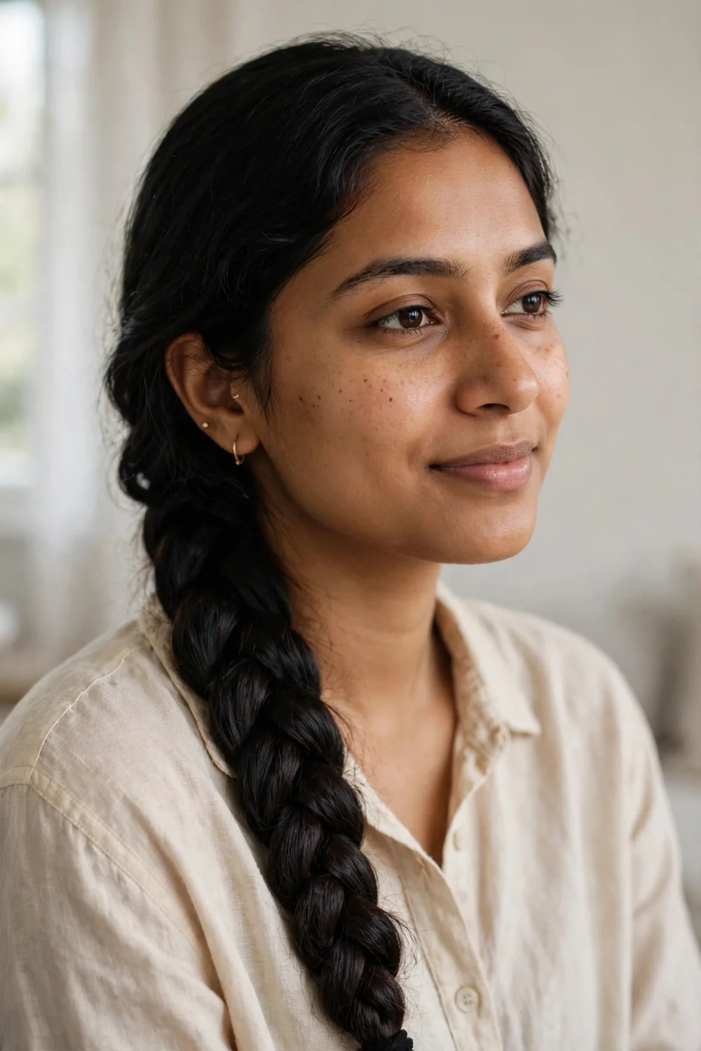 Woman with black medium-length hair in a side fishtail braid