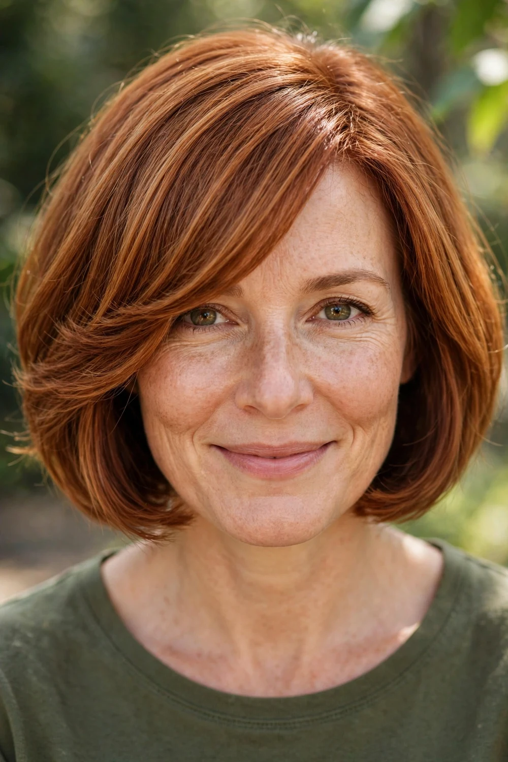 Woman with an Italian bob haircut with a side-swept fringe