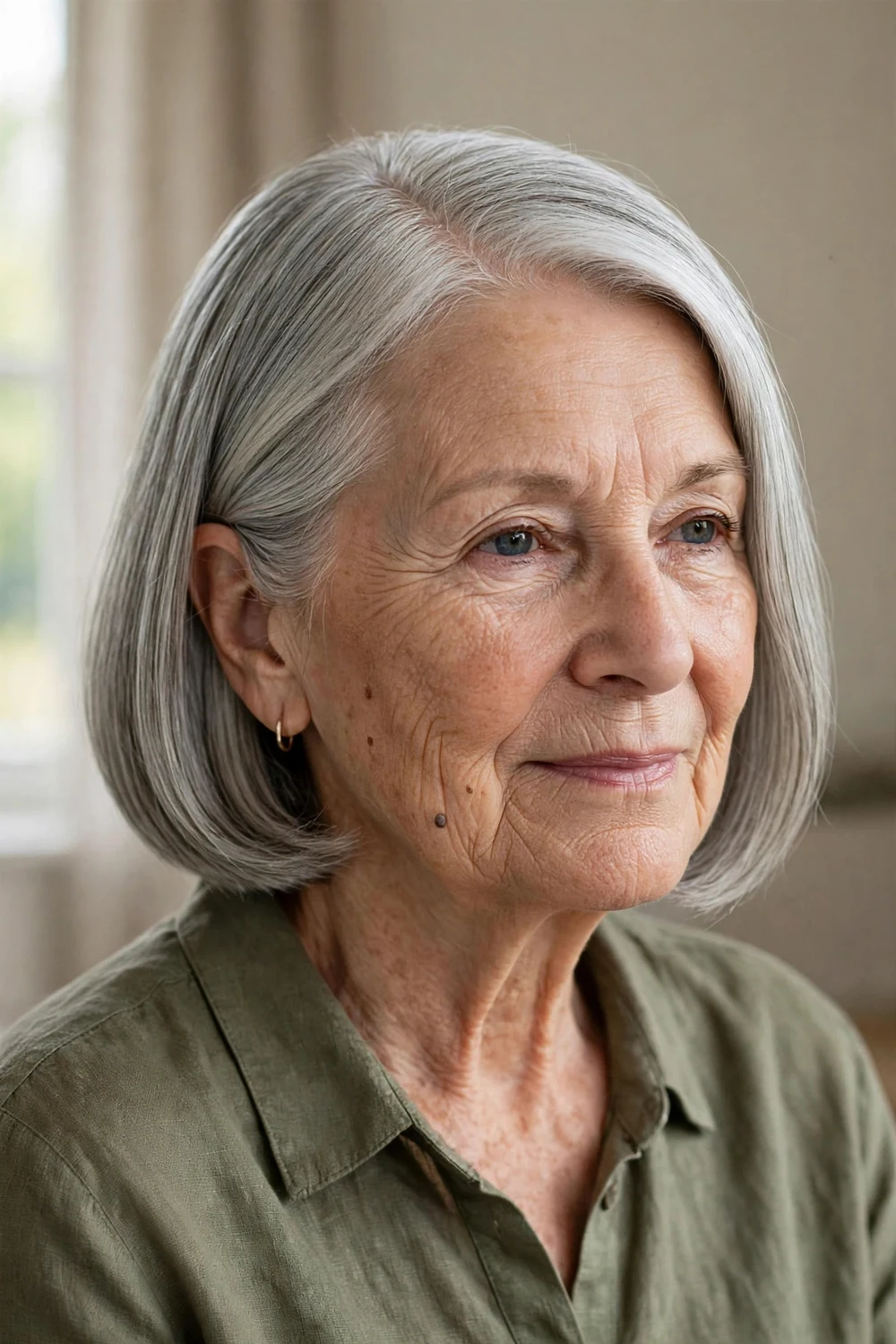 62-year-old Black woman with black softly layered bob and deep side part