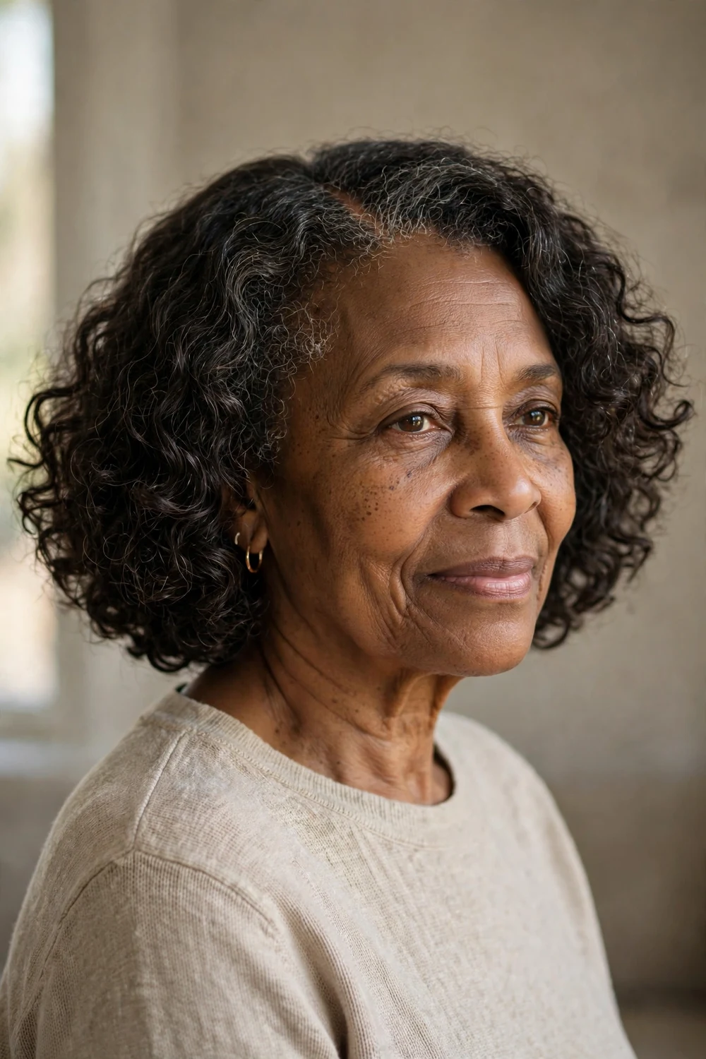 Older Black woman with a curly bob and deep side part