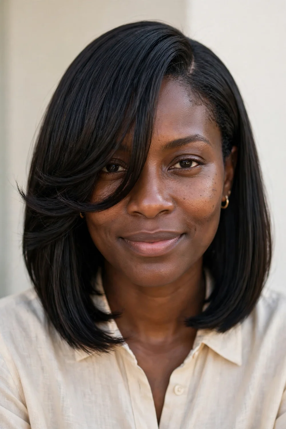 Long bob with deep side part and long curtain bangs