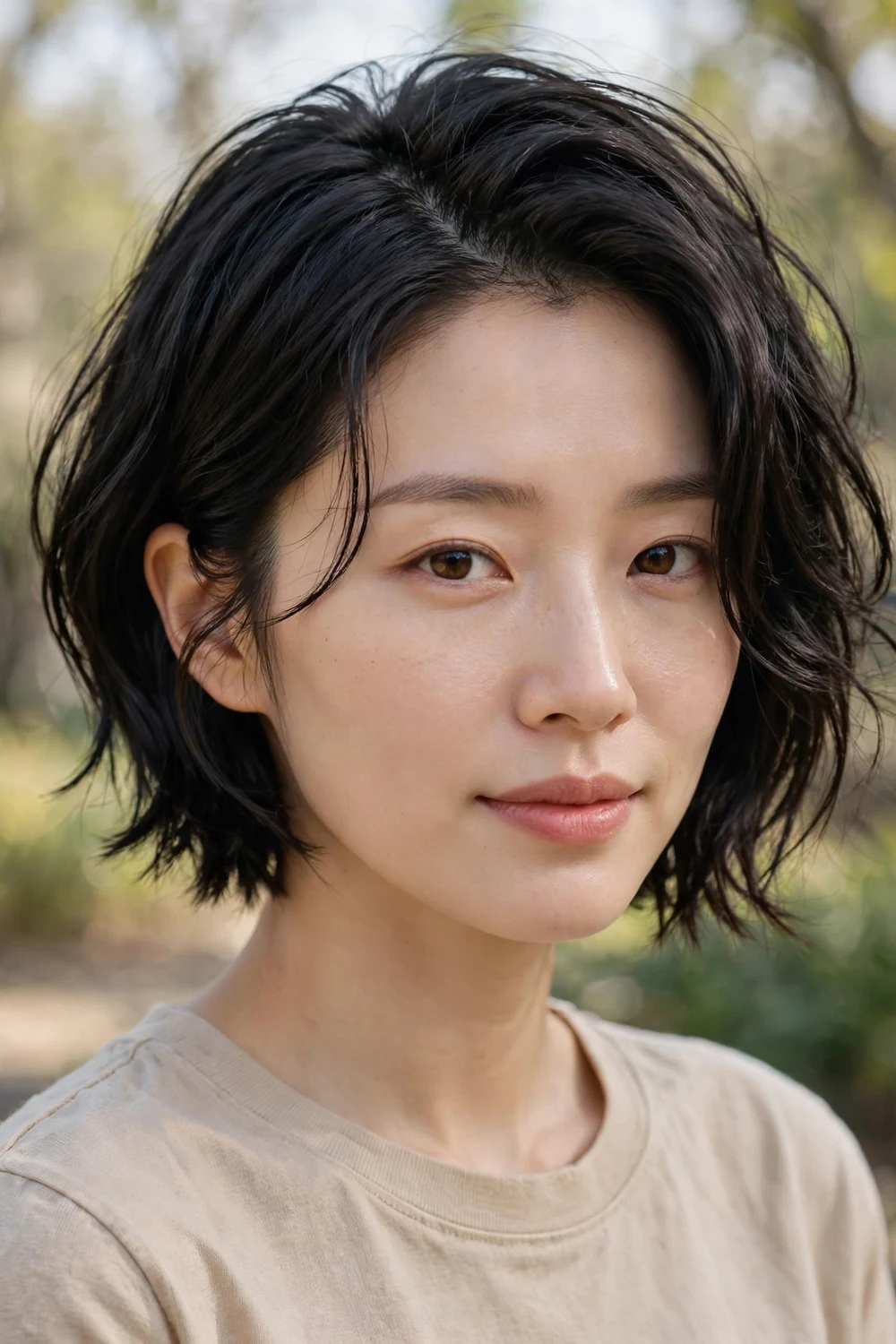 Woman with a freestyle side-part micro bob haircut with tousled finish
