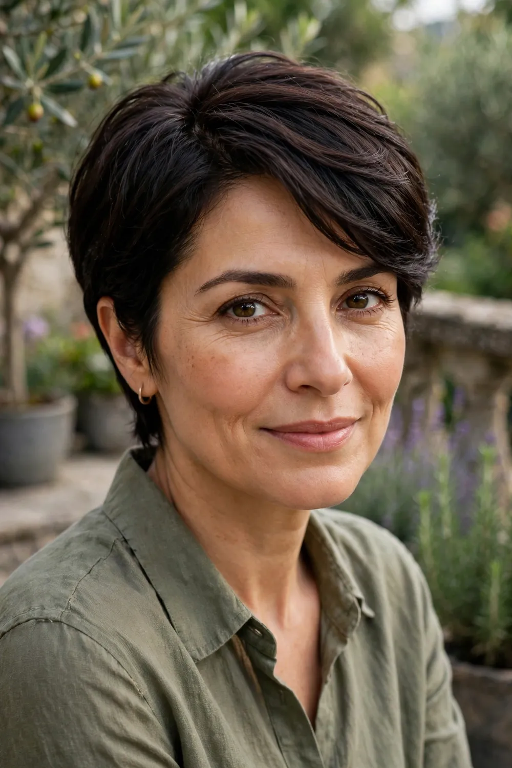 Woman with an oval face wearing a side-part pixie bob