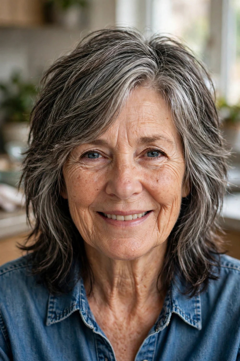 Caucasian woman in her late 60s with a side-part shag haircut in salt-and-pepper tones