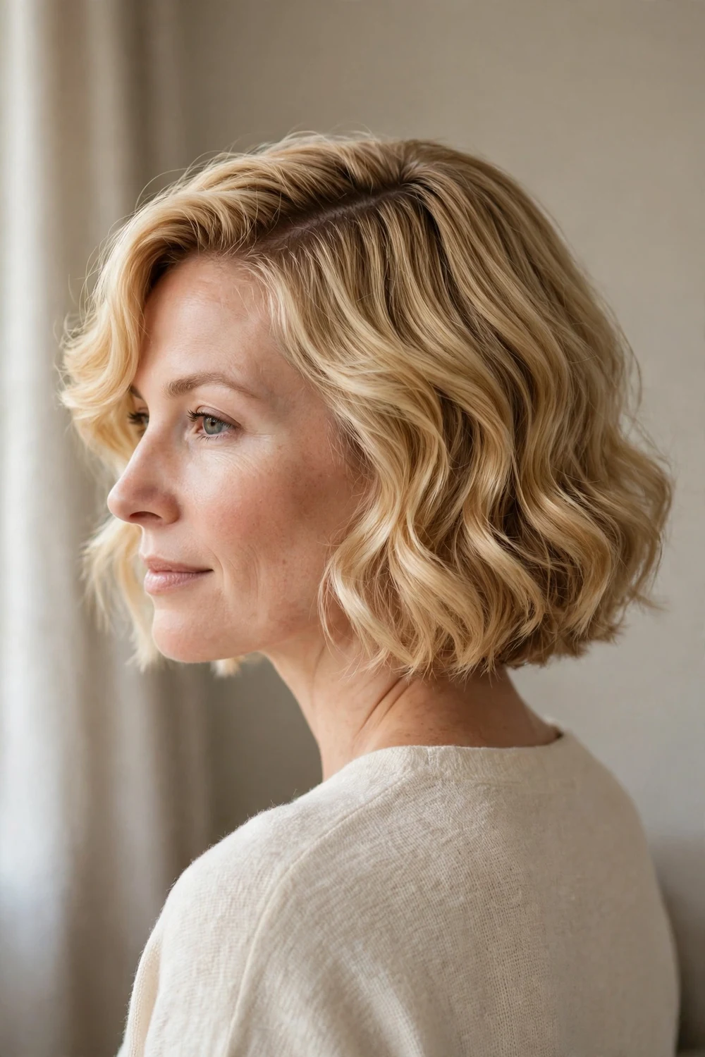 Wavy bob with deep side part on golden blonde chin-length hair, back three-quarter view