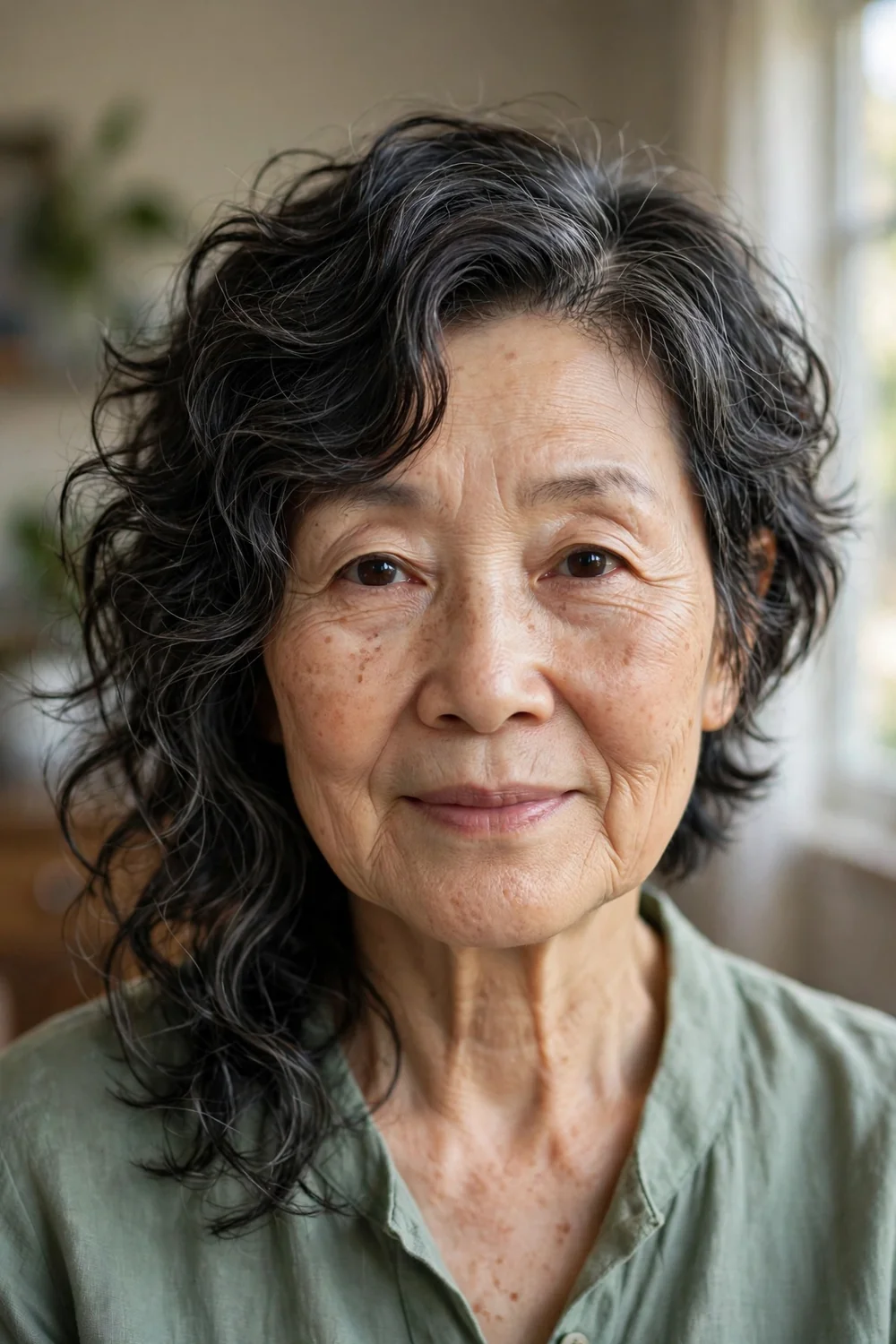 Side-parted choppy waves with asymmetrical texture on mature woman