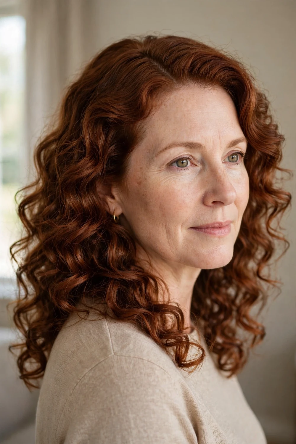 Woman with auburn medium hair in side-parted curls