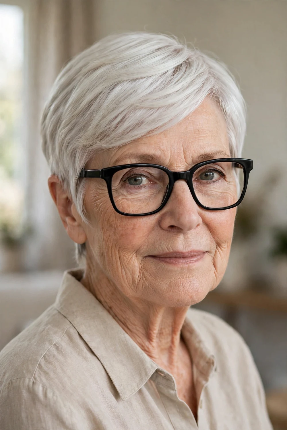 Side parted pixie on a woman over 60 wearing glasses