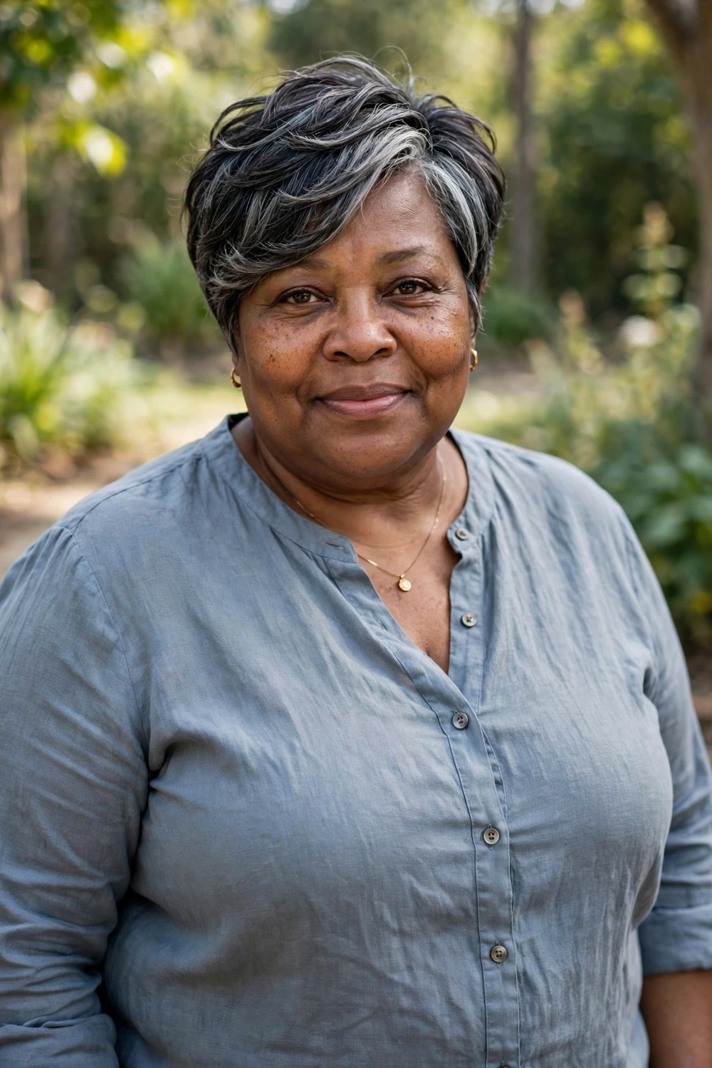 Plus-size Black woman in her 50s with a side-parted pixie with longer textured crown layers