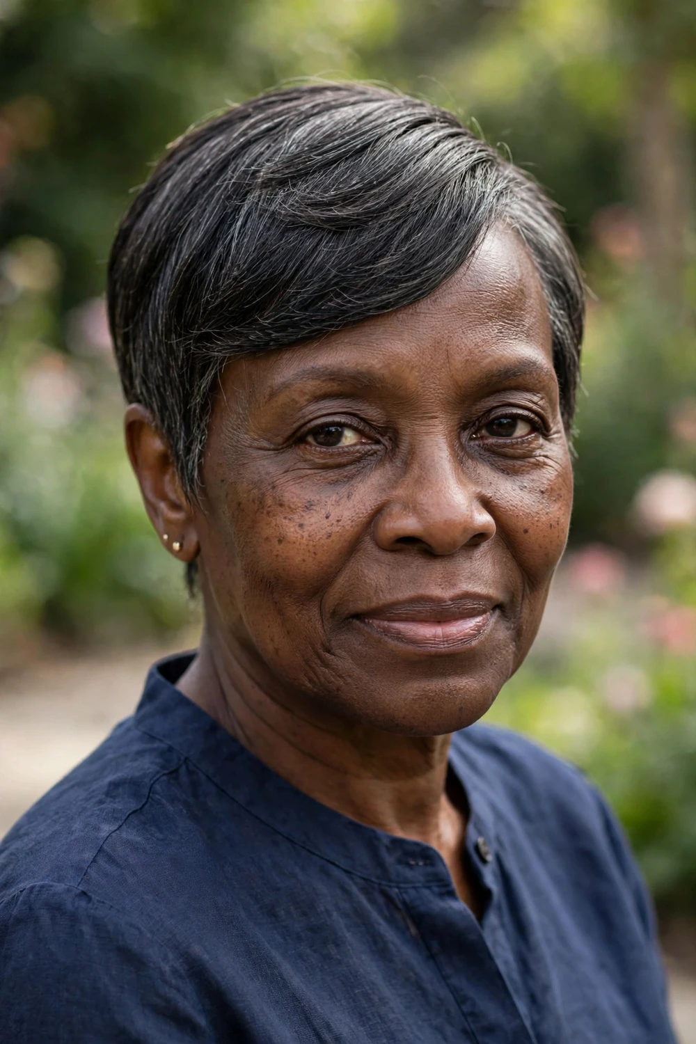 Woman over 50 with a side-parted pixie haircut on thin hair