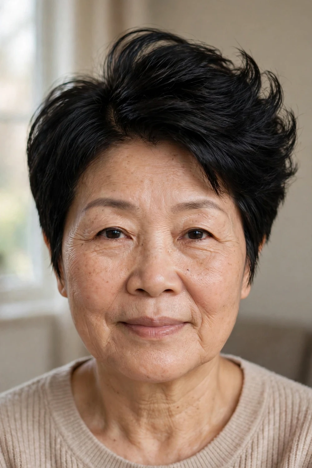 Front view of a side-parted volume pixie on a woman in her 50s with thin black hair