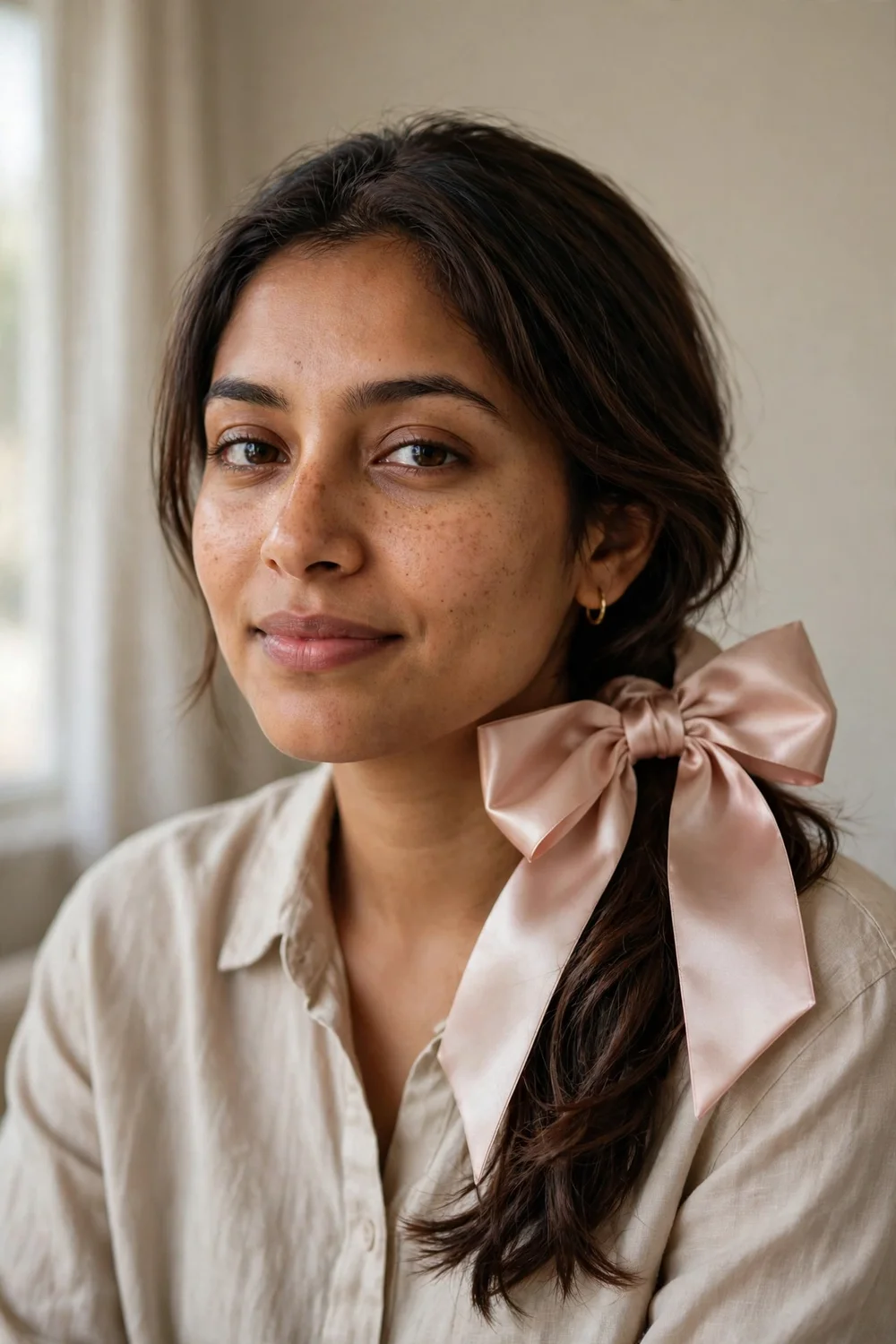Woman with dark brown medium-length hair in a side ponytail with a satin bow