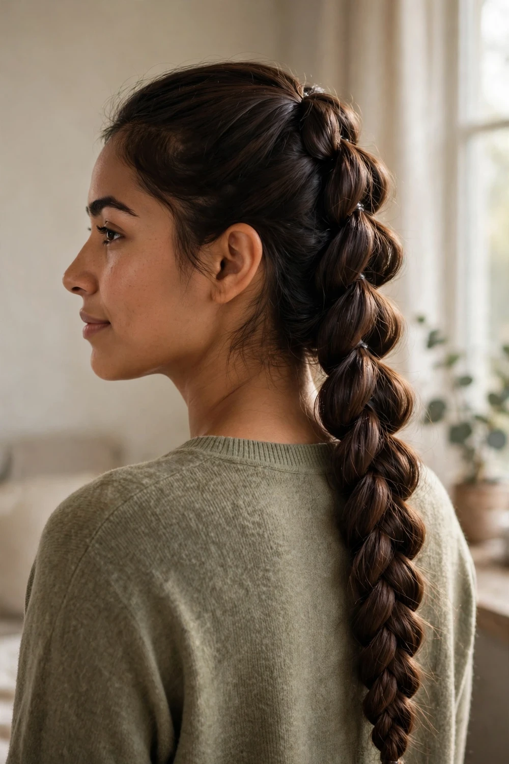 Voluminous side pull-through braid flowing into a soft fishtail ponytail