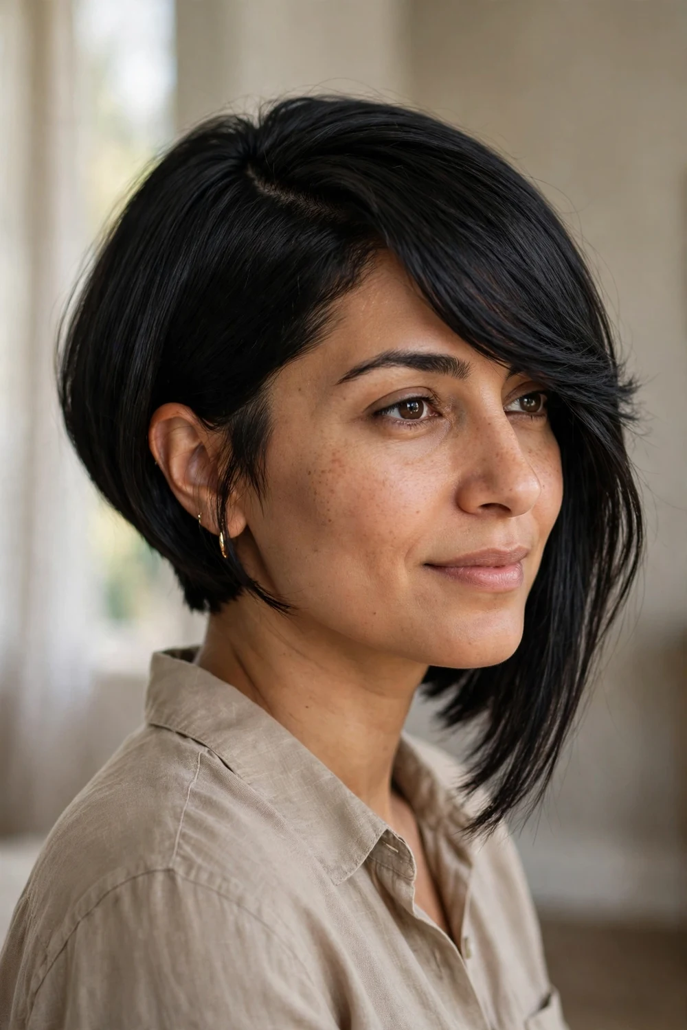 Side-swept A-line bob with deep side part
