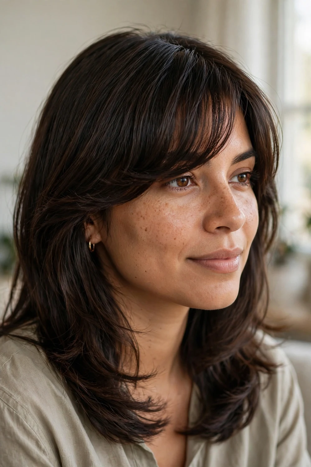 Classic side-swept bangs on medium-length dark brown layered hair