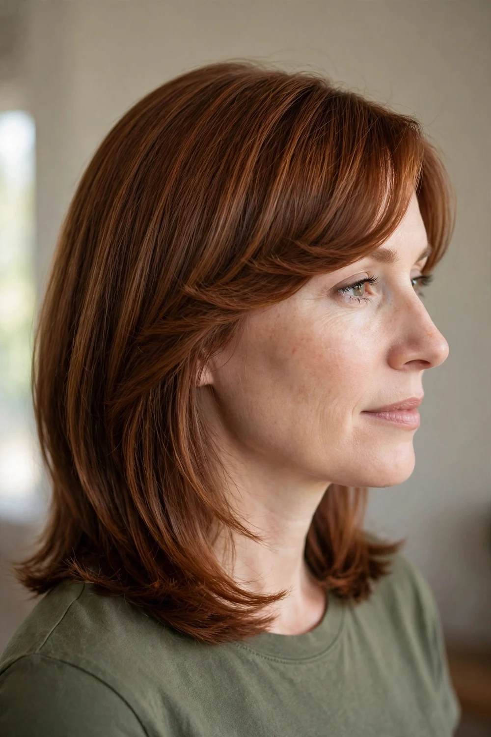Smooth swoopy side-swept bangs on auburn shoulder-length hair