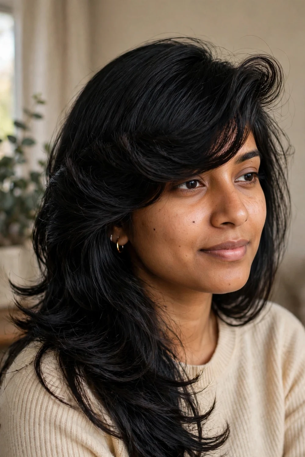 Dramatic thick side-swept bangs on long black hair