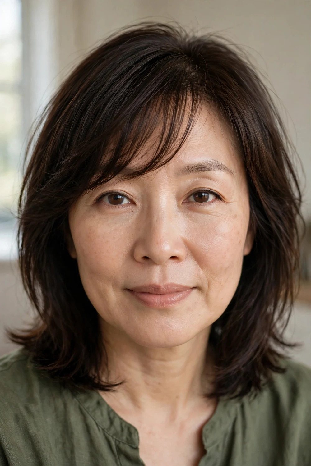 Wispy side-swept bangs on fine dark brown shoulder-length hair
