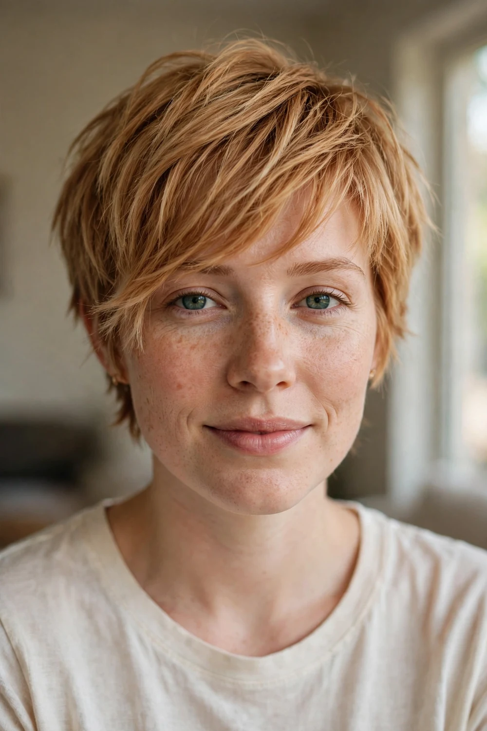 Choppy textured side-swept bangs on short strawberry blonde hair