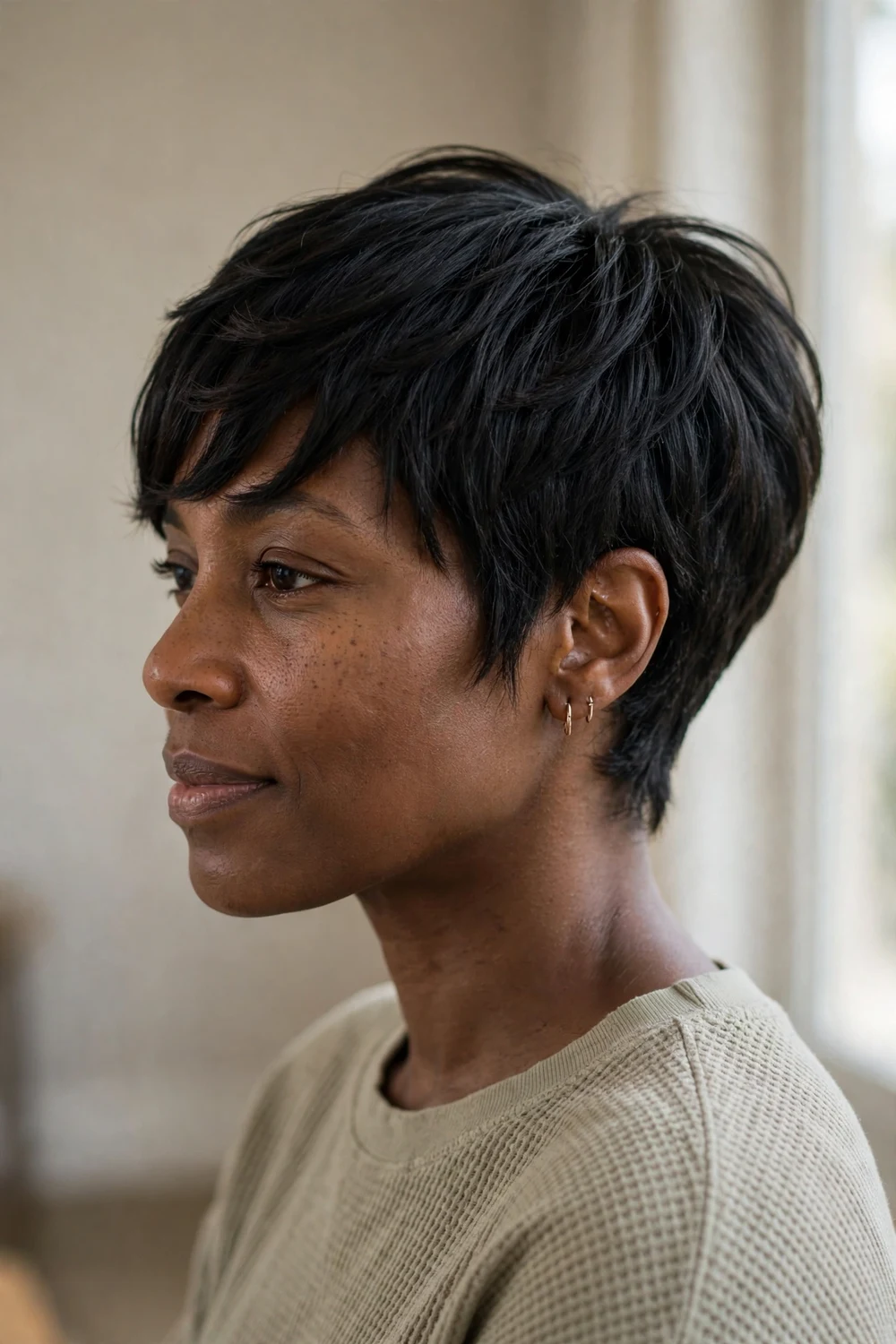 Short black pixie haircut with soft side-swept bangs
