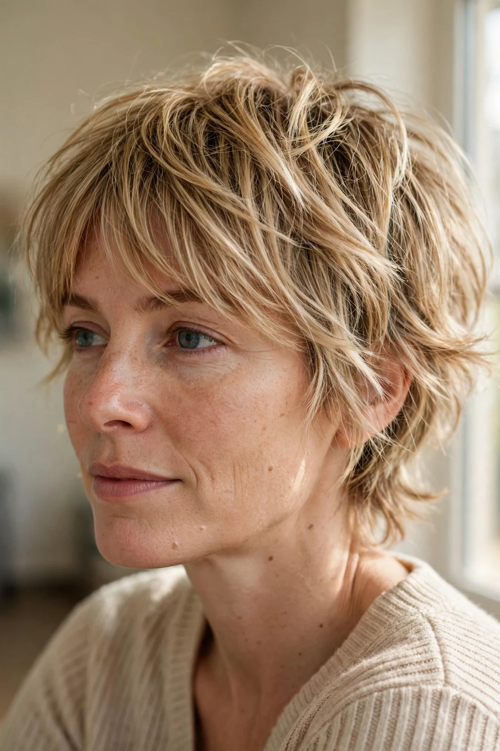Tousled choppy side-swept bangs on a sandy blonde shag