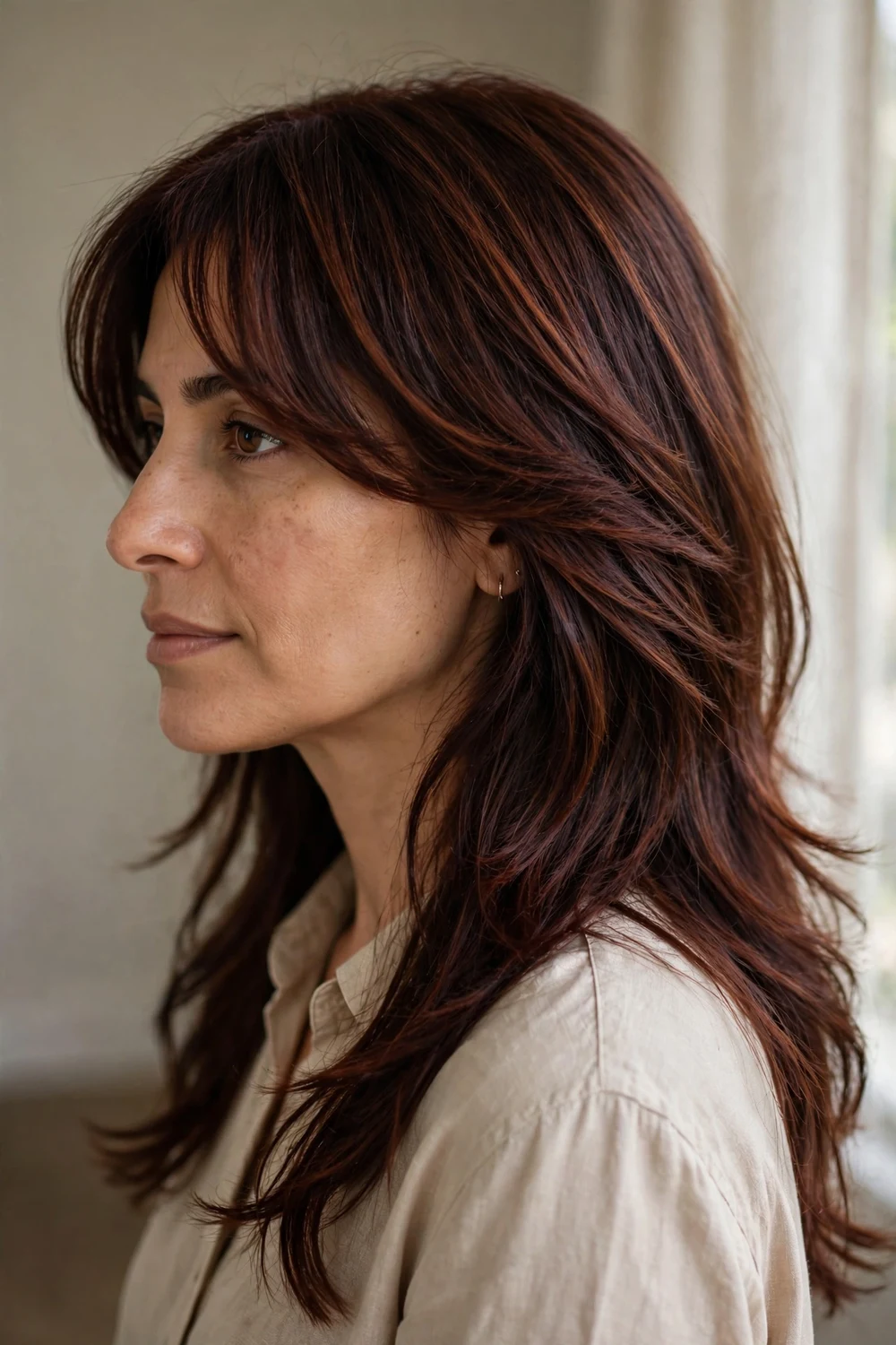 Long flowy side-swept bangs blended into layered chestnut hair