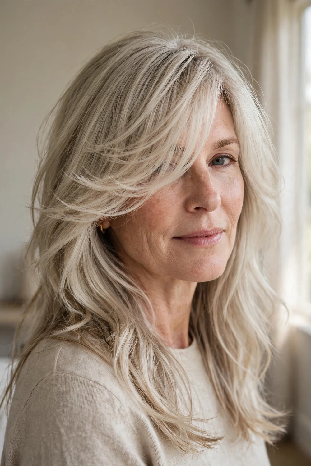 Lengthy feathery side-swept bangs on long ash blonde hair