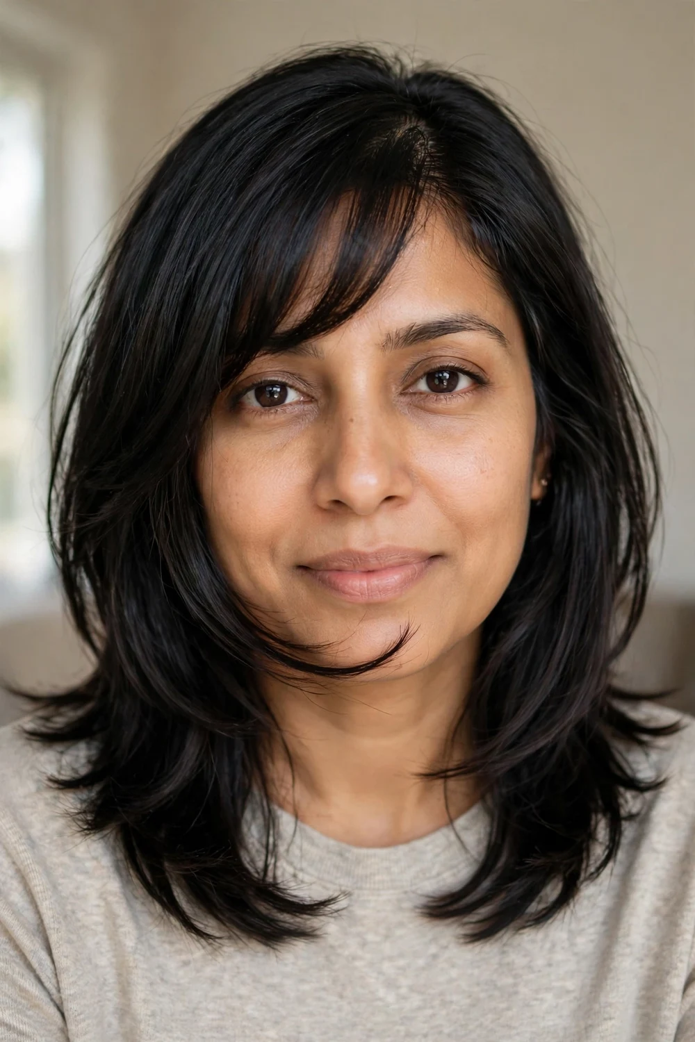 Chin-grazing side fringe on medium-length black hair